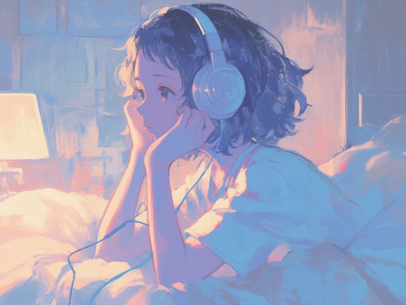 夜、ベッドでAudibleを聴いて眠りにつこうとしている女性のイラスト
