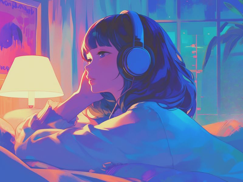 夜、ベッドでAudibleを聴いて眠りにつこうとしている女性のイラスト