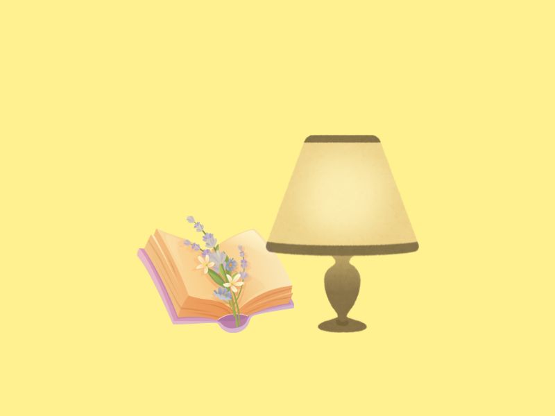 ベッドサイドのランプと本のイラスト。夜の読書やAudibleの雰囲気を表現。
