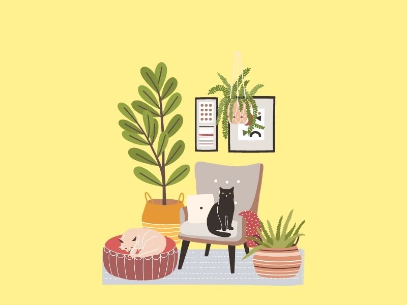 観葉植物と猫がくつろぐ静かな部屋のイラスト