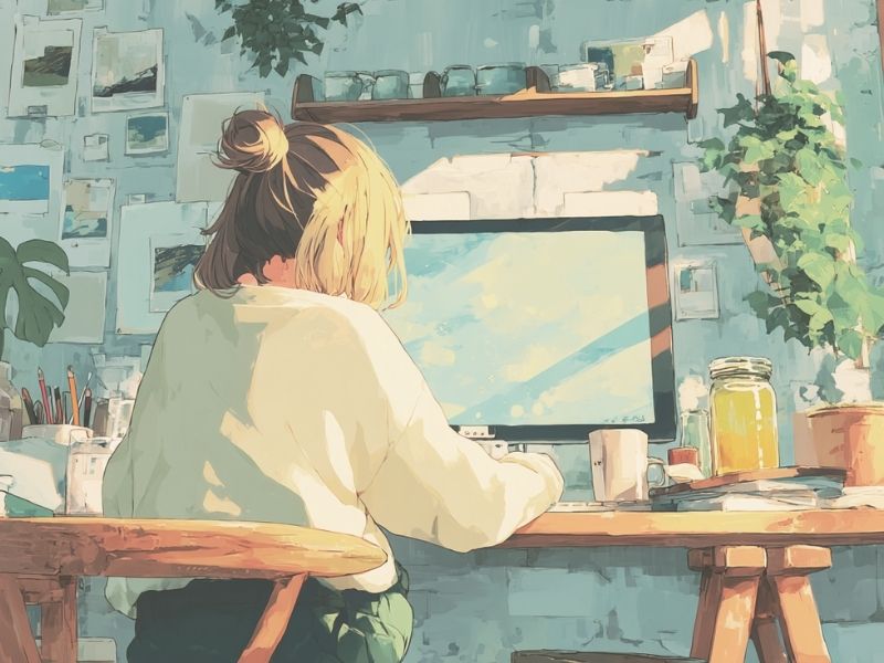 明るい部屋でパソコンに向かいながらブログを書いている女性。机の上には植物やノート、コップが置かれている