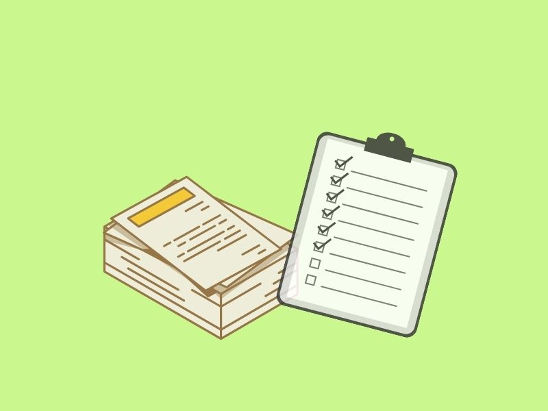書類とチェックリストのイラスト。出版手続きや確認作業をイメージ。