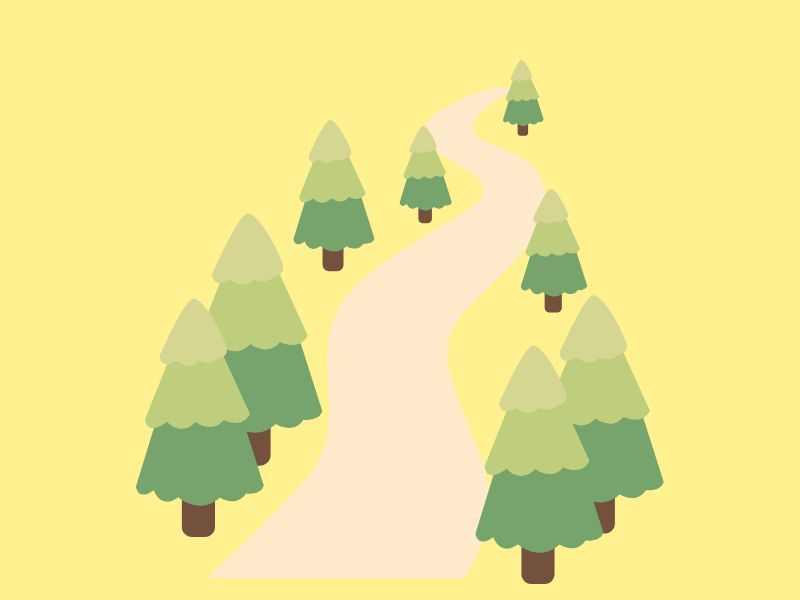 緑の木々に囲まれた曲がり道のイラスト