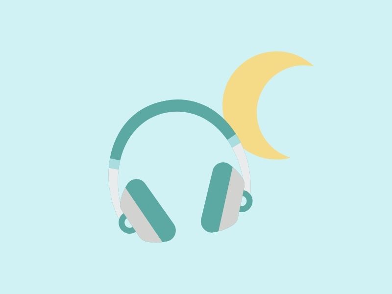 夜にヘッドホンでオーディオブックを聴くイメージ。Audibleで眠れない夜に寄り添うことを表現したイラスト。
