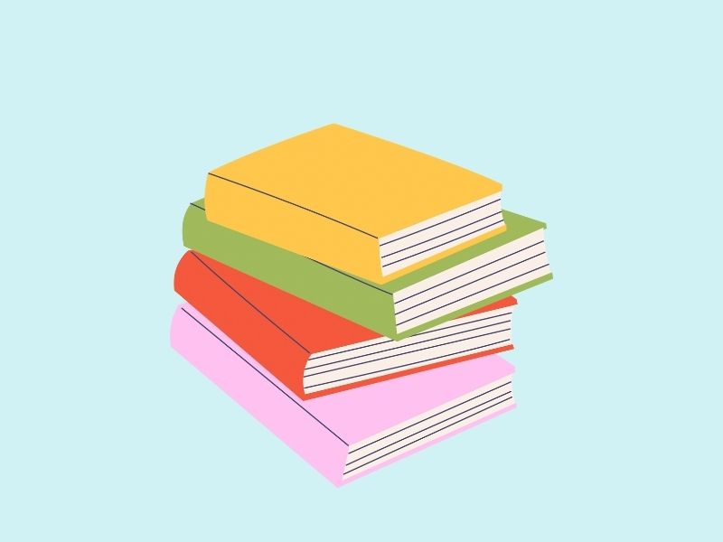 カラフルに積み重なった本のイラスト。絵本出版や読書をイメージさせる。