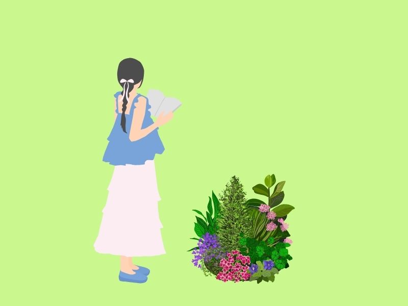 草花のそばで本を読んでいる女性のイラスト
