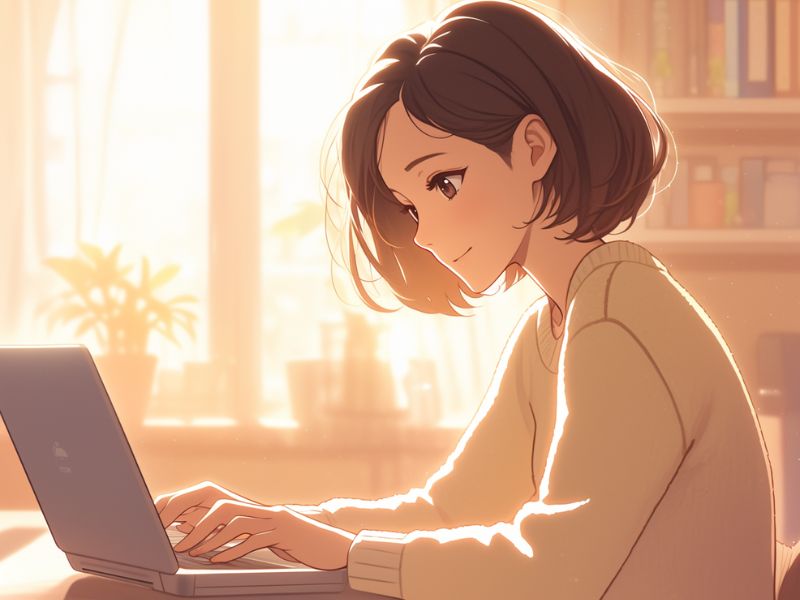 朝の光が差し込む部屋でノートパソコンを操作する落ち着いた女性。WordPress Cocoonでのプロフィール画像設定のイメージ