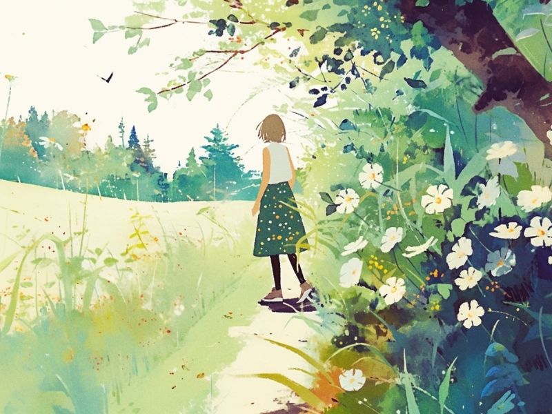 白いノースリーブに緑のスカートを着た女性が、小道を歩きながら草花や木々に囲まれた夏の風景を眺めている後ろ姿。