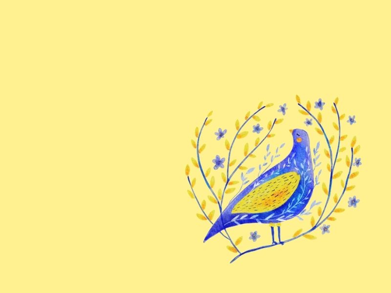 黄色い背景に描かれた青い鳥と植物のイラスト。静けさと安らぎの象徴。
