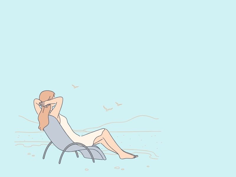 海辺の椅子でくつろぐ女性のイラスト。自由やリラックスを象徴。

