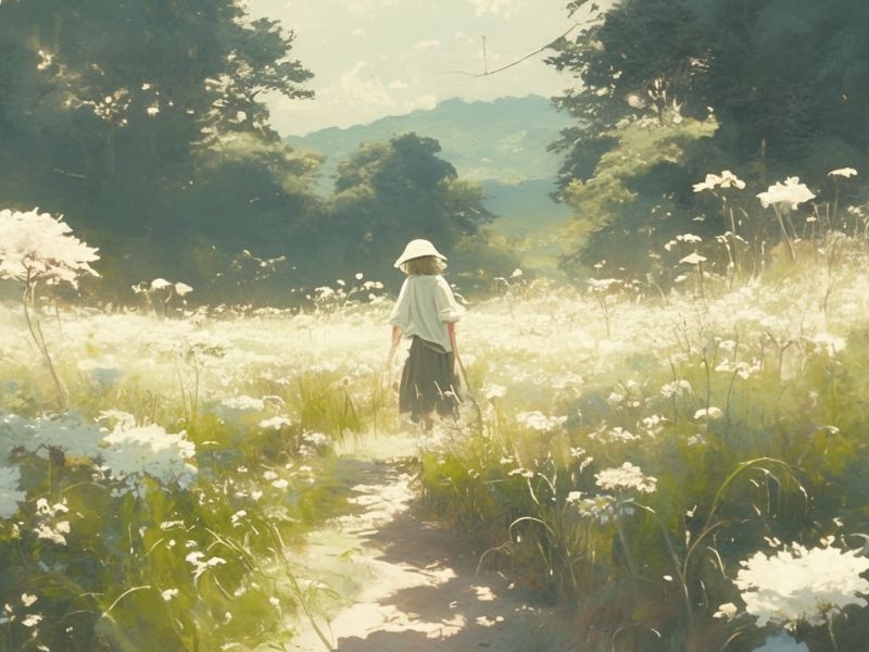 白い帽子をかぶった女性が草花の咲く夏の野原を歩いている後ろ姿。奥には森と青い空が広がっている。