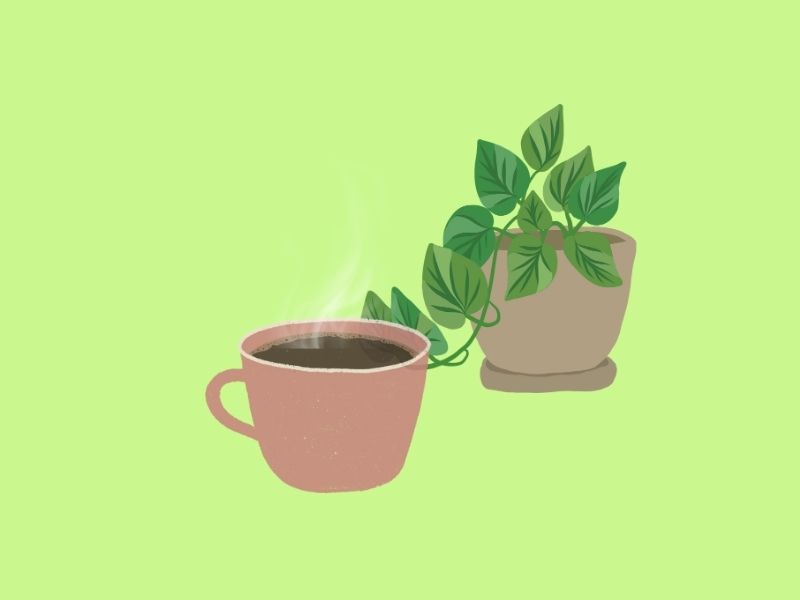 コーヒーカップと観葉植物のイラスト。暮らしに自然を取り入れる小さな習慣を表現しています。