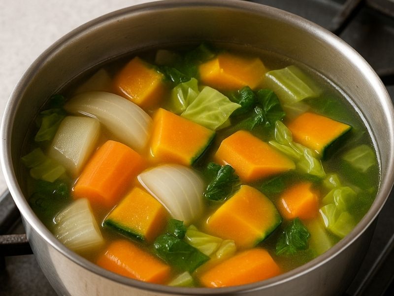 鍋でぐつぐつ煮える野菜スープ（玉ねぎ、にんじん、かぼちゃ入り）
