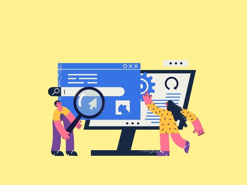 Googleサーチコンソールをイメージした、検索バーとモニターを操作する人のイラスト