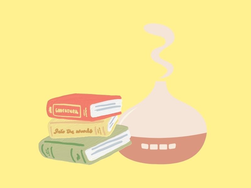 アロマディフューザーと積まれた本のイラスト。寝る前のリラックスと読書をイメージしたデザイン。
