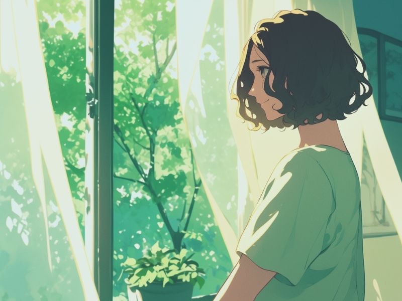 窓辺で自然の風を感じながらリラックスする女性のイラスト