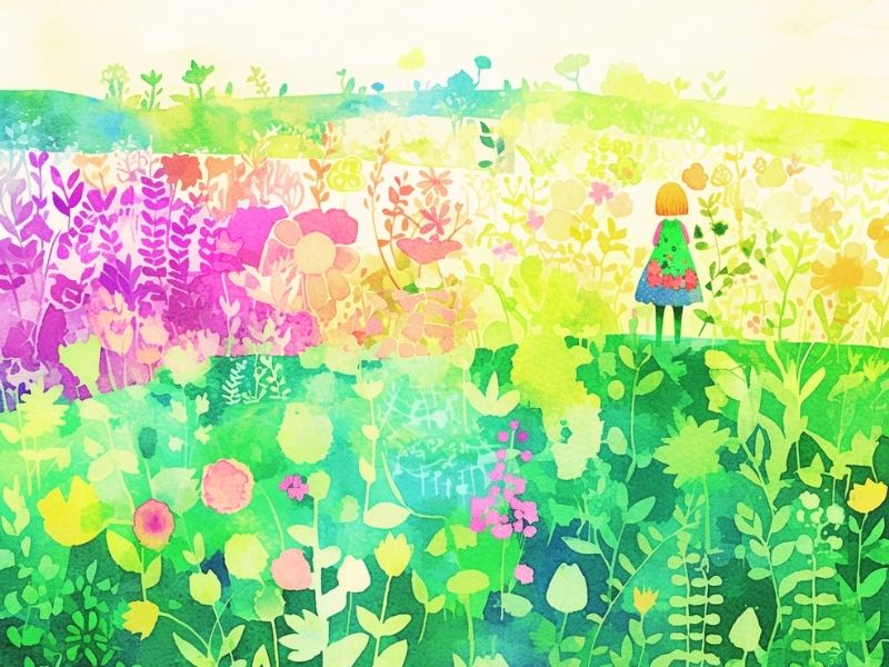 草花に囲まれて自然散歩を楽しむ女性の水彩イラスト