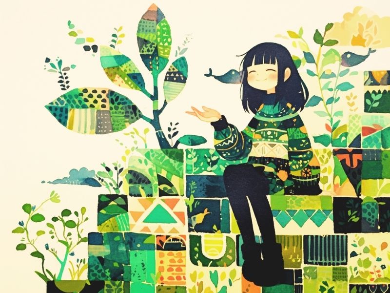 緑の植物に囲まれて深呼吸する女性のイラスト