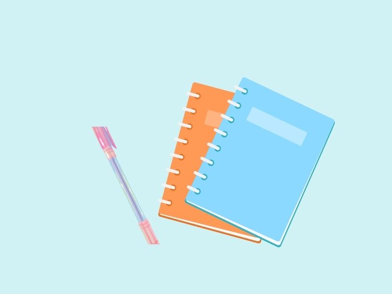 カラフルなノートとペン。ブログ記事のアイデアや下書きを表すイラスト