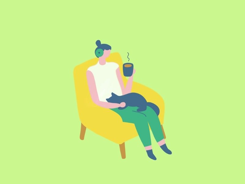 椅子に座りお茶を飲みながら猫を抱く人のイラスト