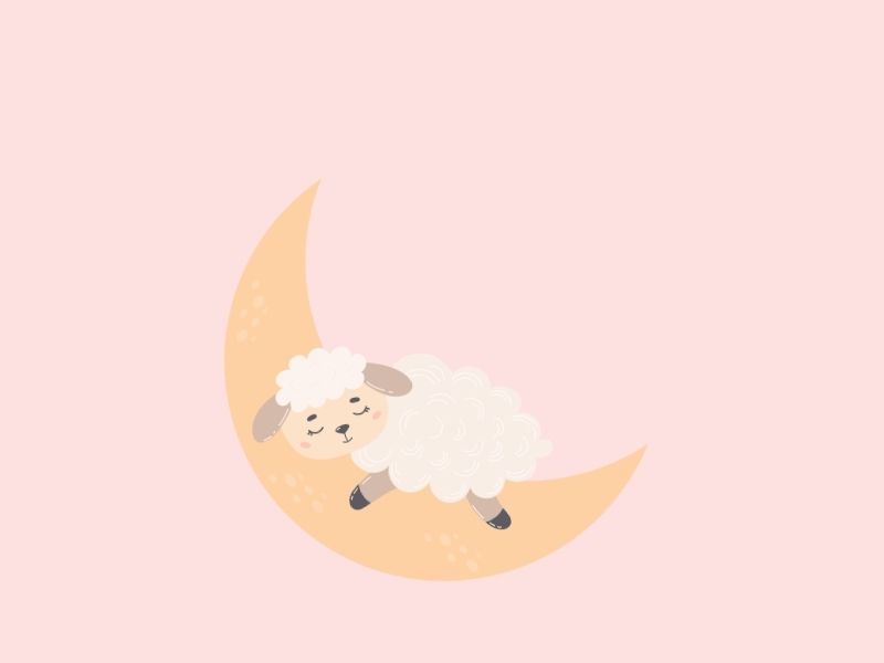 三日月の上で眠る羊のイラスト。安眠や寝る前のリラックスを表現している。
