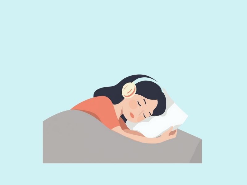ヘッドホンでAudibleを聴きながら眠る女性のイラスト。寝る前にオーディオブックを聴いてリラックスしている様子。
