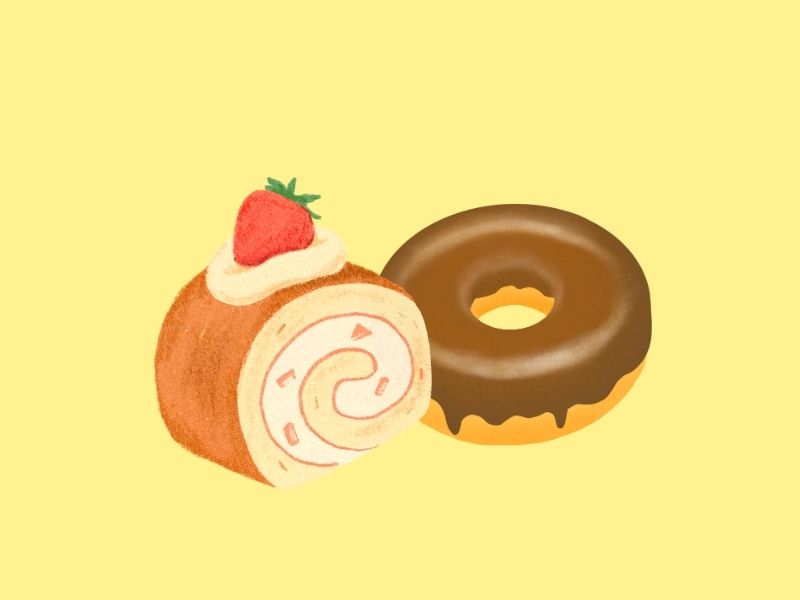 チョコドーナツといちごロールケーキのシンプルなイラスト