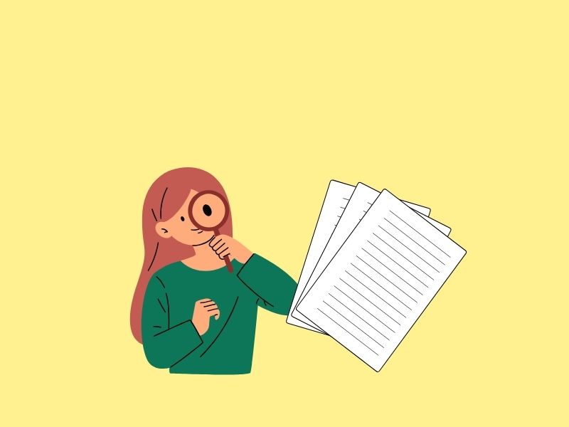 虫眼鏡を持った女性と書類のイラスト。検索や調査をイメージ