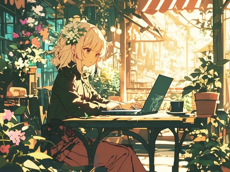 花や植物に囲まれたカフェでノートパソコンを使う女性。落ち着いた雰囲気のイラスト