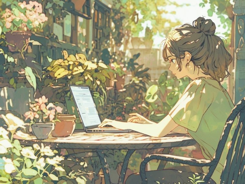 庭のカフェのような場所でノートパソコンを操作する女性。植物に囲まれた落ち着いた雰囲気のイラスト