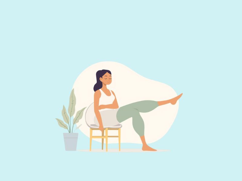 イスで片脚を伸ばす運動の女性、膝痛 改善