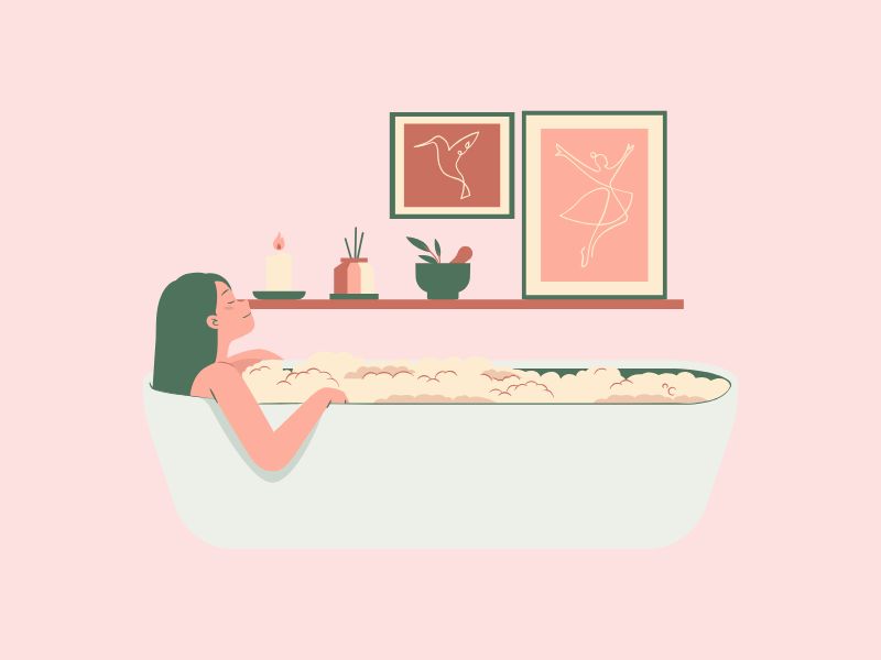 湯船に浸かる女性の横姿の線画