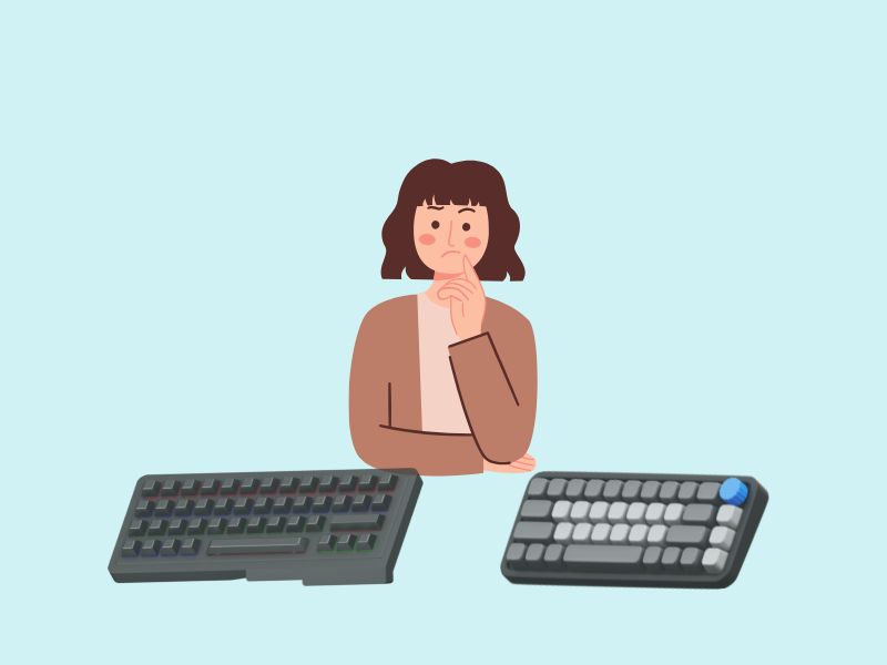 静音キーボードを選んでいる女性のイラスト