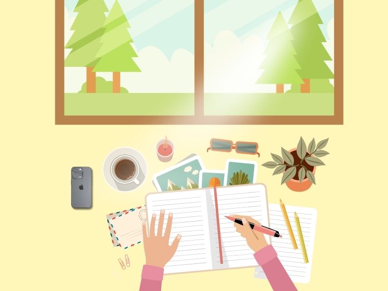 静かな朝、ノートとマグカップを前に心を整える時間。スマートフォンは伏せて置かれている。