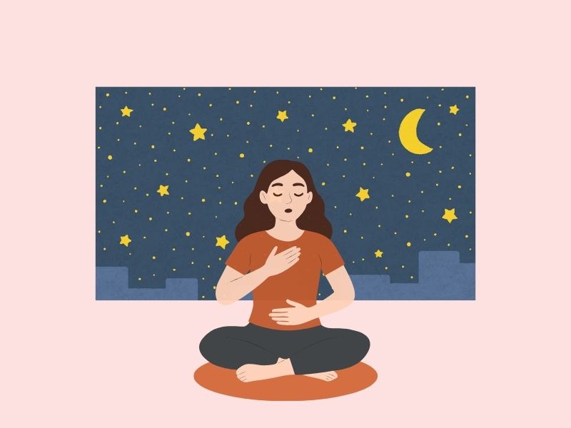 深呼吸する人と静かな夜の窓のイラスト