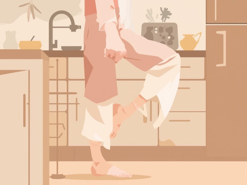 キッチンでかかと上げをする女性の横姿
