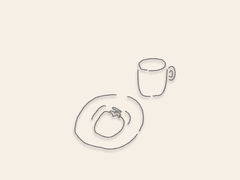 干し柿と温かい飲み物を皿に並べた手描きイラスト