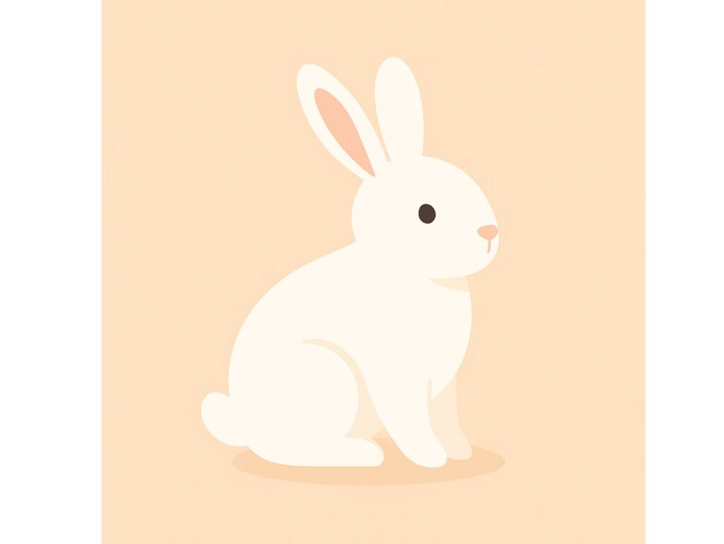 淡いピンクの背景に座るシンプルなウサギのイラスト。やさしい光に包まれた姿。