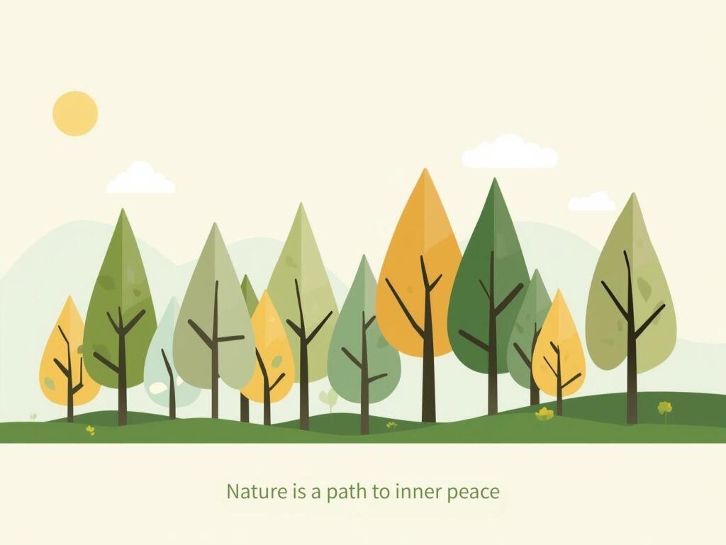 やわらかな色合いの森のイラスト。四季を感じる木々が並ぶ穏やかな風景。