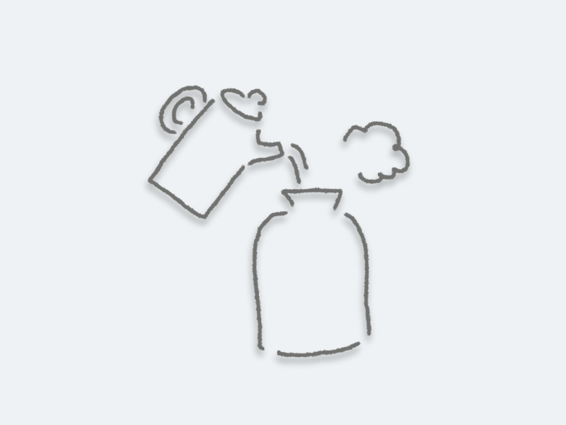 湯たんぽにポットからお湯を注ぐ基本手順を説明するためのイラスト