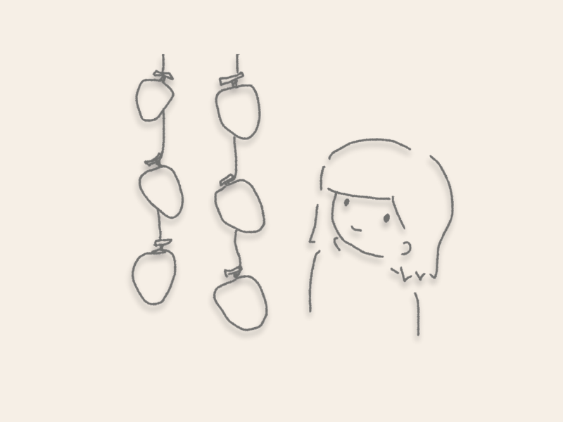 干し柿を吊るして乾燥させる工程を眺める女性の手描きイラスト