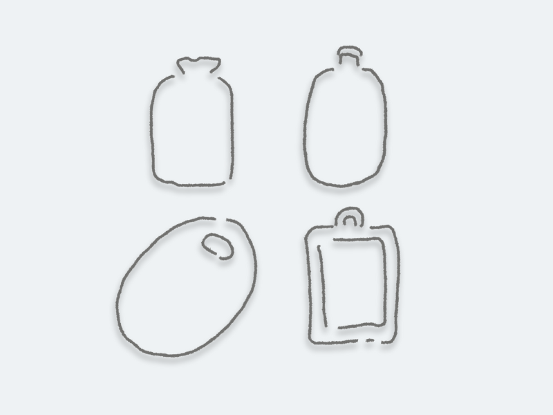 ゴム・金属・陶器・プラスチック製など湯たんぽ4種類を比較するためのイラスト