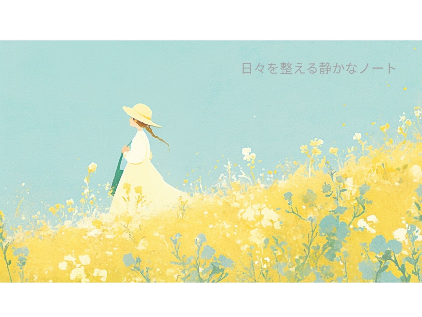 丘を歩く少女と黄色い花畑のイラスト。静かな暮らしをイメージしたプロフィール画像。