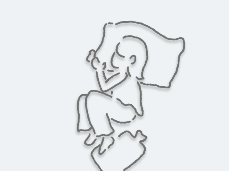 寝る前に湯たんぽで足元を温めながら眠る女性の線画イラスト