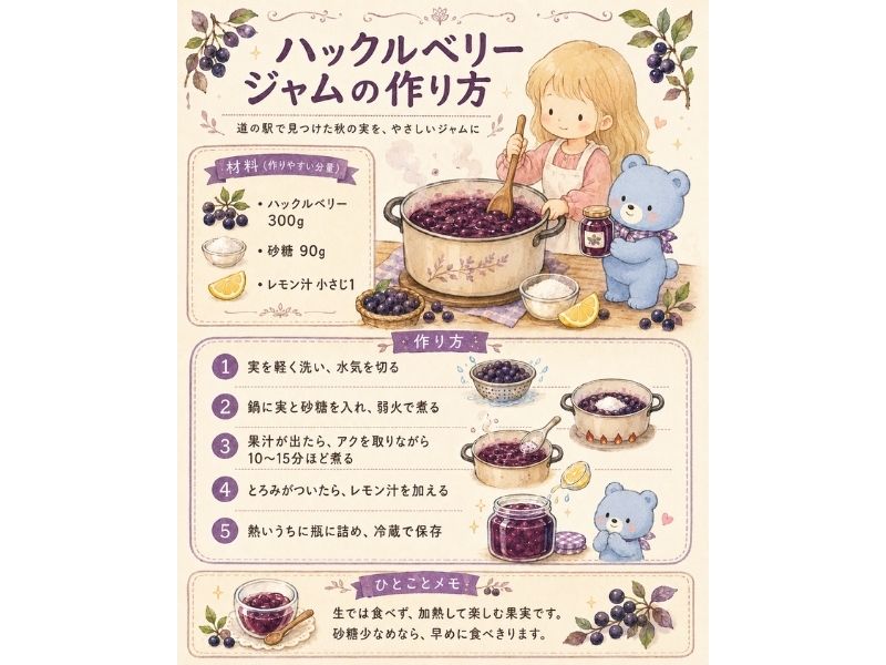 ハックルベリージャムの作り方を説明するイラストレシピ。材料と手順、鍋で煮る様子、ネリネとソラベアが描かれている。
