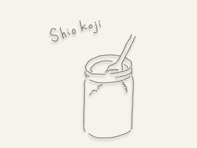 「こうじと塩を瓶に入れて混ぜているしお麹の作り方のイラスト|手作り発酵調味料の基本工程」