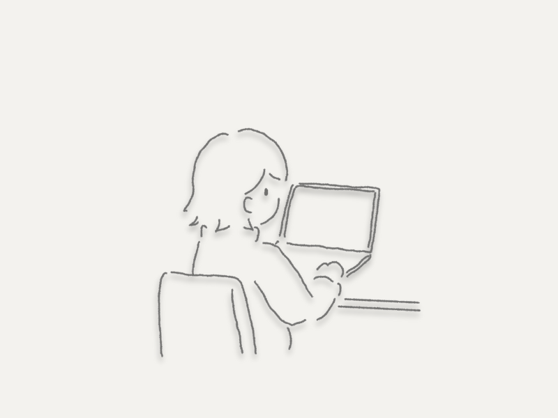 静かな部屋でパソコン作業をしている人のイラスト。落ち着いた環境で無理なくPC作業をしている様子。