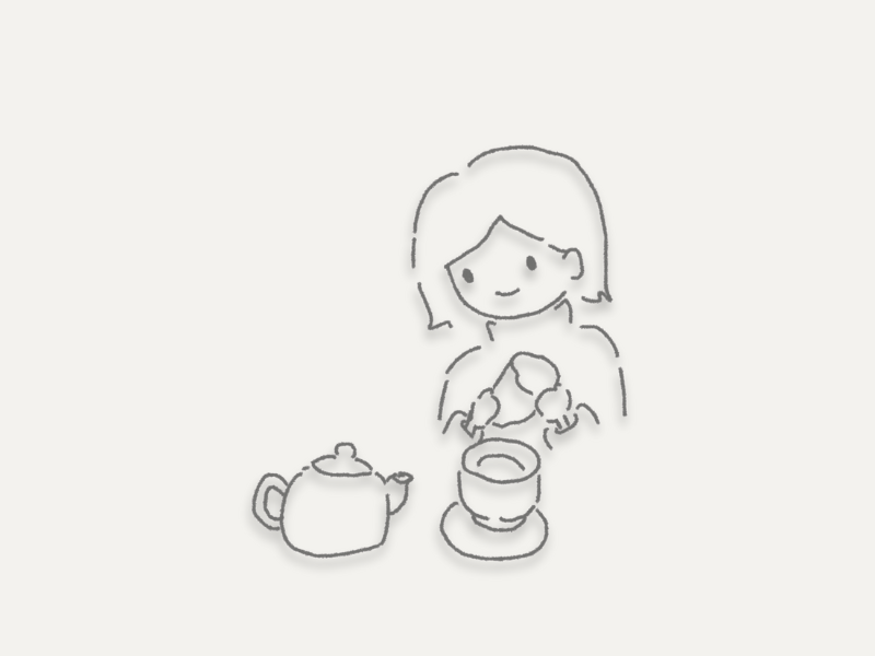 ほうじ茶の湯気と落ち着く香りでサツマイモをいただこうとするイラスト