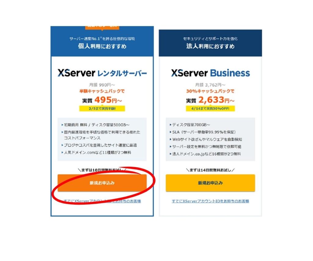 エックスサーバーの申し込み画面で、「個人利用におすすめ」のXServerレンタルサーバーの「新規お申込み」ボタンが赤い丸で強調されている画像