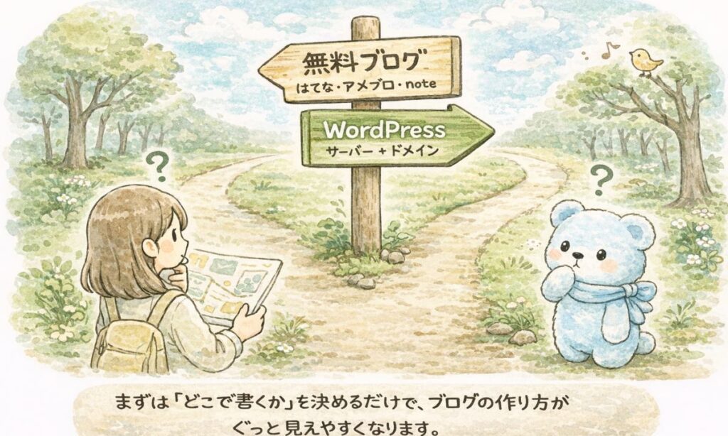 無料ブログとはてな・アメブロ・noteの方向と、WordPressブログの方向を示す分かれ道の看板を見ながら、どれでブログを始めるか迷っている初心者のイラスト